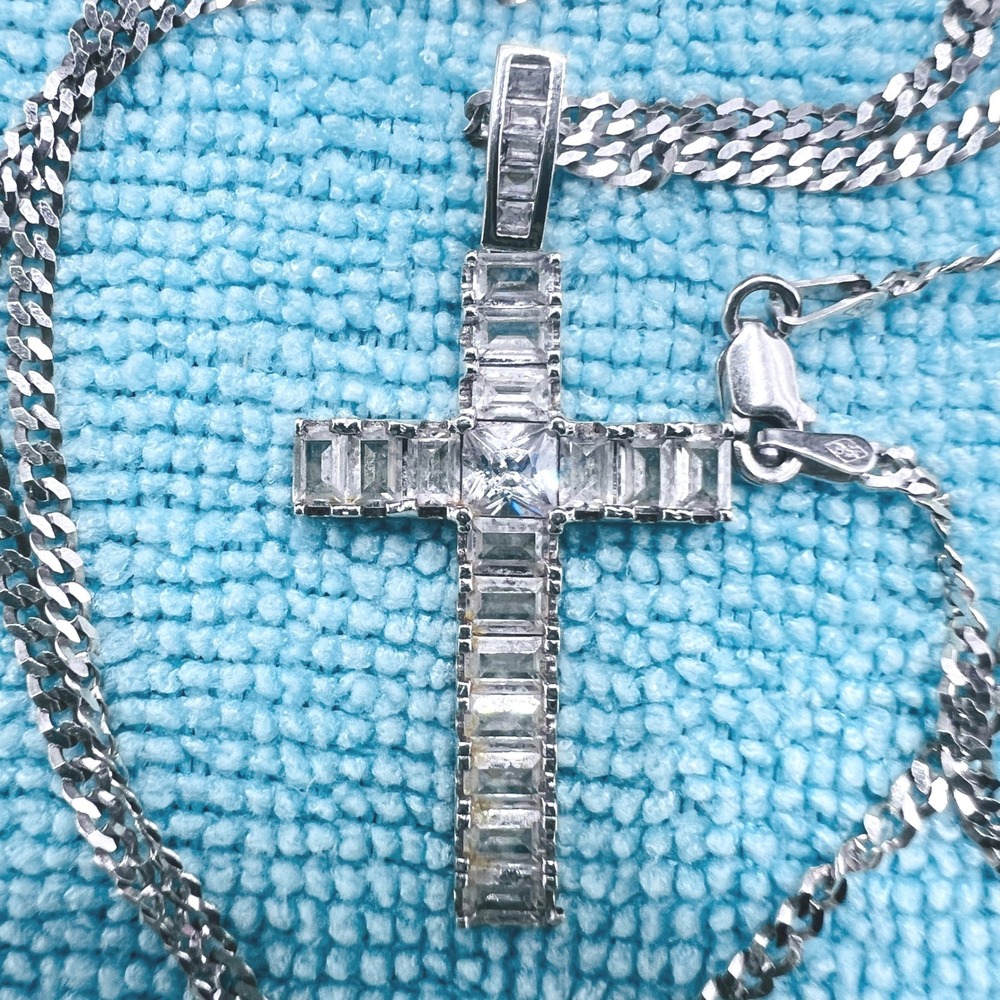 Sterling Silver‎ Cross Necklace Baguette Cut Stones Flat Curb Italian Chain 24"